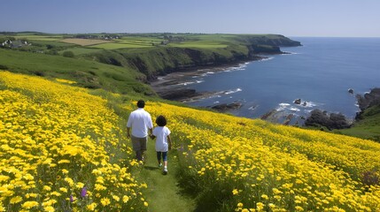 Fototapeta premium dressed in white walking hand in hand along bright coastal path under clear sky
