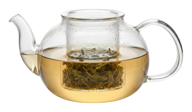 Glass teapot filled with brewing green tea and loose leaves in the infuser isolated transparent background image