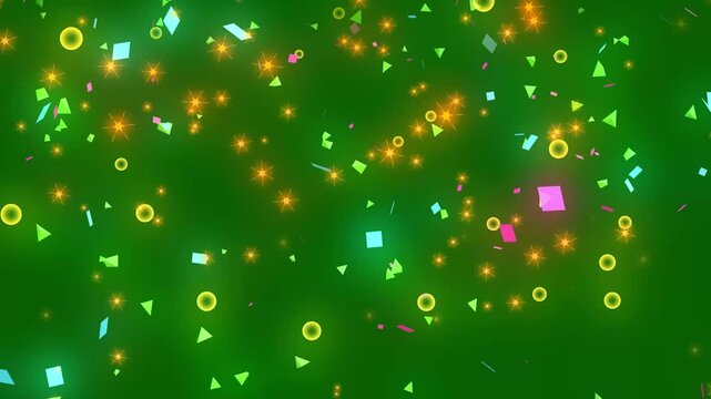 Colorful confetti bubbles, star, rectangle paper floating with glittering light, Colorful bubbles, star, rectangle falling on green background, Festive holiday overlay, celebration, confetti floating