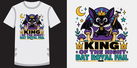 Obraz premium King of the night bat royal fail shirt design with cartoon bat sitting on mushroom throne.
