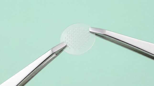 Silver tweezers hold a clear microneedle acne patch on pastel green background.