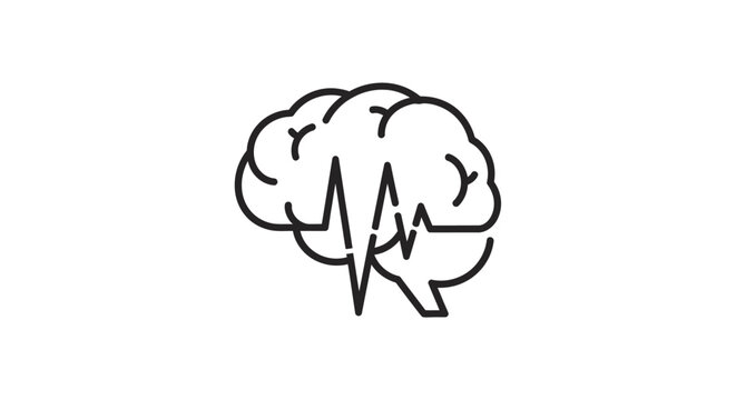 Illustrated brain with heartbeat signal line art concept.