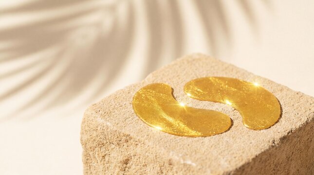 Gold foil eye patches on textured stone block in minimalist skincare scene