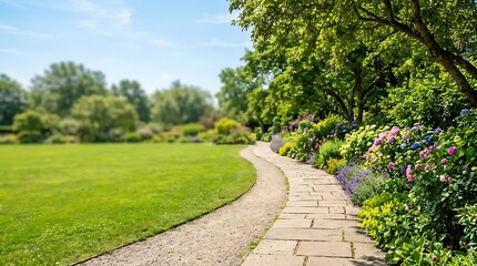 Fototapeta premium Stone path winding through a lush garden with blooming flowers