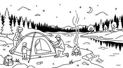Family setting up a camping tent together outdoors line art illustration. © santi erna