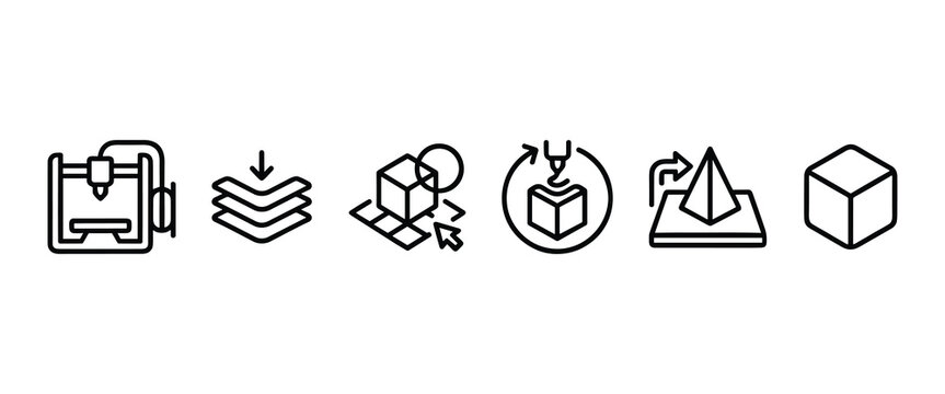 Line icons depicting manufacturing processes packaging and three dimensional shapes vector graphics