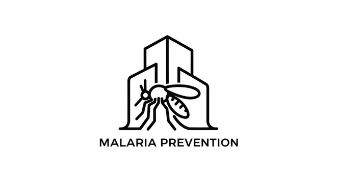 Illustrated mosquito and buildings for malaria prevention logo.