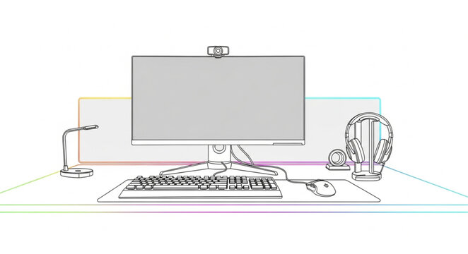A person uses a computer with keyboard and headset on desk