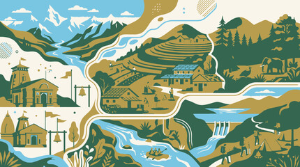 Fototapeta premium Uttarakhand vector landscape with himalayan peaks and cultural icons