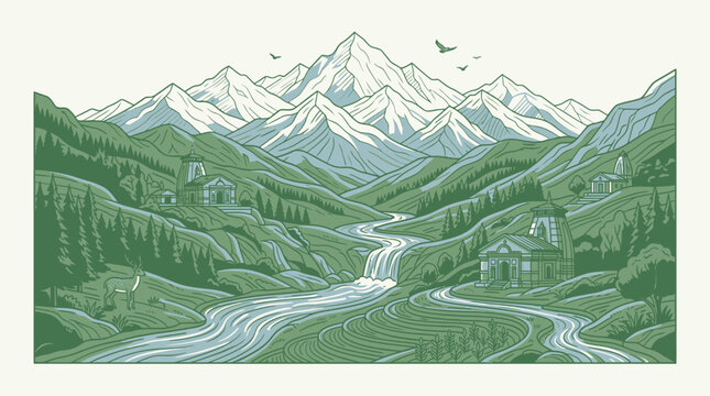 Uttarakhand vector landscape with snow mountains and ancient temples