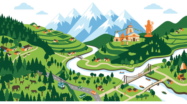 Uttarakhand vector landscape featuring himalayan peaks and temples