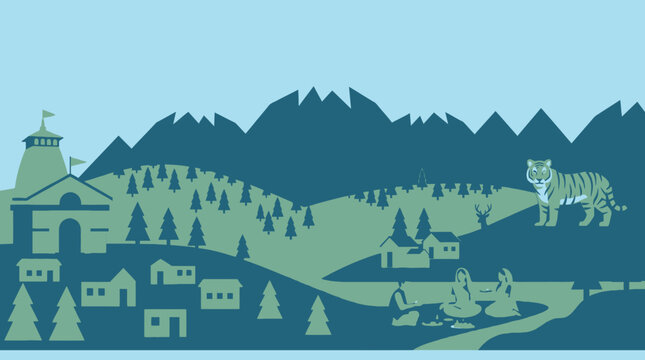 Uttarakhand vector landscape with temple mountains and wildlife