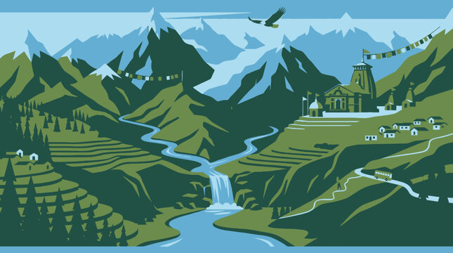 Uttarakhand vector landscape of snow peaks and ancient temple