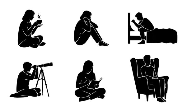 Silhouette Figures: Diverse Poses of Contemplation, Relaxation, and Observation, Vector Icons for Lifestyle and Mental State Concepts