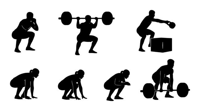 Weightlifting and Strength Training Silhouettes, Fitness Exercise Poses, Athletic Workout Icons, Gym Activity Set