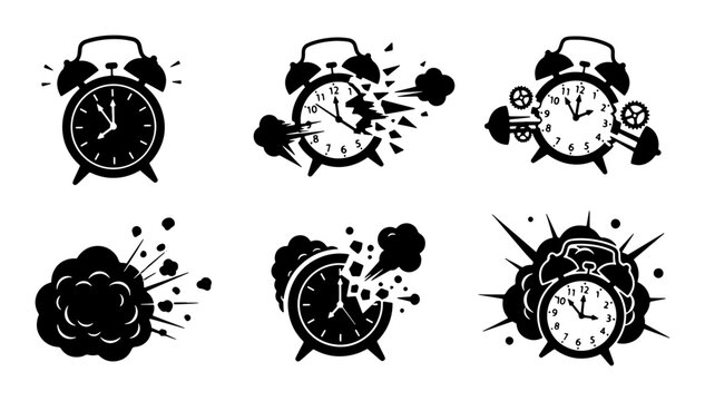 Exploding Alarm Clock Icons, Time Bomb Vector Set, Bursting Clock Graphics, Vintage Timepiece Symbols, Chaos and Urgency Concepts