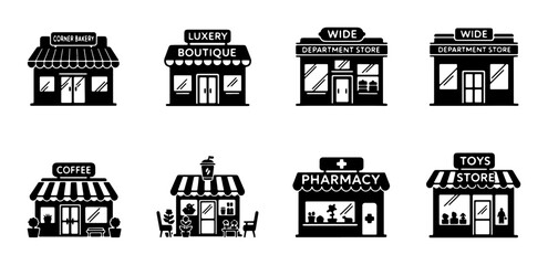 Naklejka premium Set of 8 Black and White Storefront Icons: Coffee Shop, Luxury Boutique, Department Store, Pharmacy, Toys Store, and More, Vector Graphics for Retail and Business Concepts