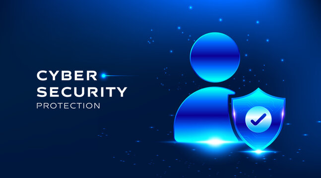 Cybersecurity user protection privacy security technology vector banner with shield icon and verified account concept. Dark blue futuristic background for digital identity, data safety, presentation,