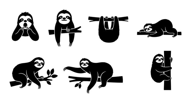 Cute Sloth Vector Icons Set, Adorable Animal Illustrations, Tropical Wildlife Graphics, Black and White Silhouettes for Design Projects