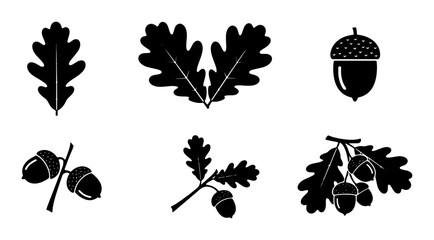 Oak Leaf and Acorn Vector Icons Set, Autumn Nature Elements, Black and White Silhouette Graphics for Seasonal Design © Nurul