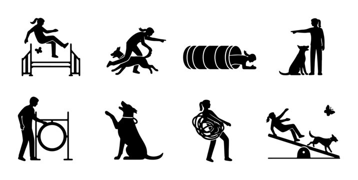 Dog Agility Training Icons, Canine Sports Silhouettes, Pet Obedience Vector Set, Animal Activity Graphics