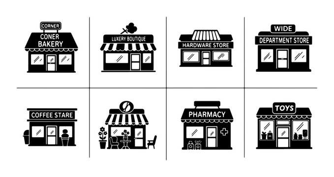 Set of 8 Diverse Storefront Icons, Including Bakery, Boutique, Pharmacy, and Toy Shop, Vector Graphics for Retail and Commerce Design