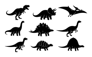 Dinosaur Silhouettes Collection, Prehistoric Reptile Icons Set, Jurassic Era Creatures Vector Pack, Ancient Animal Graphics © Shakhawat