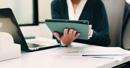 Fototapeta premium Hands, person and tablet in office for business, legal research and communication. Lawyer, digital tech and consultant in law firm for case study, planning agenda and article report for information