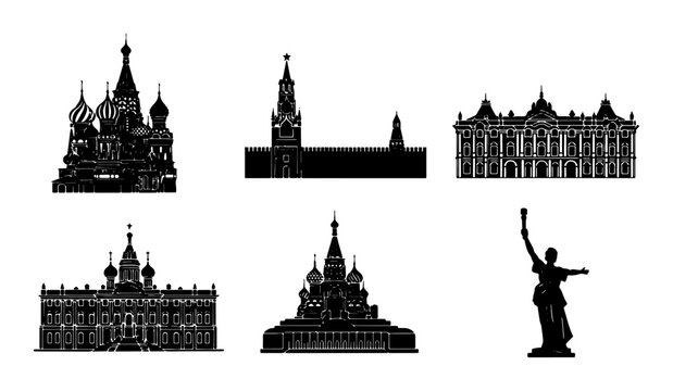 Iconic Russian Architecture Silhouettes, Kremlin and Cathedral Vector Set, Monumental Buildings Collection, Landmark Landmarks