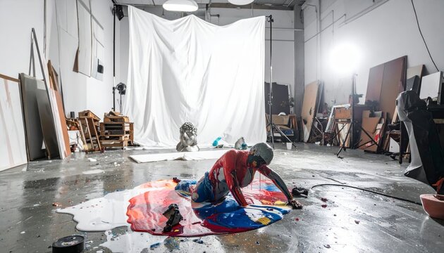 A surreal art studio features a melting painted human sculpture dissolving into colorful puddles. The wide cinematic scene captures a messy workshop filled with canvases, lights, and white backdrops.