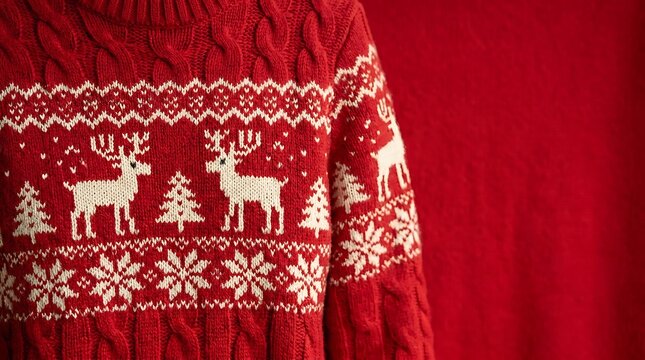 Festive red knitted sweater with white reindeer and snowflake design