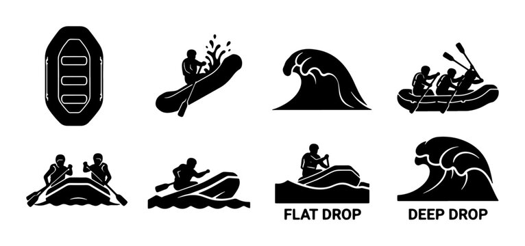 Rafting Icons Set: River Adventure, Water Sports, Extreme Activities, Vector Graphics, Flat Drop, Deep Drop