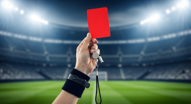 Soccer referee displaying red card during professional match with blurred stadium background
