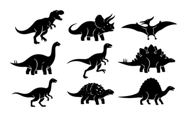 Dinosaur Silhouettes Collection: Prehistoric Creatures Vector Pack, Tyrannosaurus Rex, Triceratops, Pterodactyl, Brachiosaurus, Velociraptor, Stegosaurus, Ankylosaurus, Spinosaurus © Rifat
