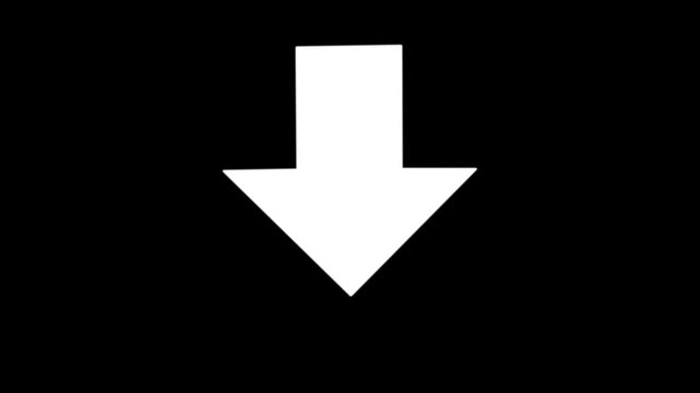 Animated arrow pointing down on black background. Abstract glowing down arrow icon animation