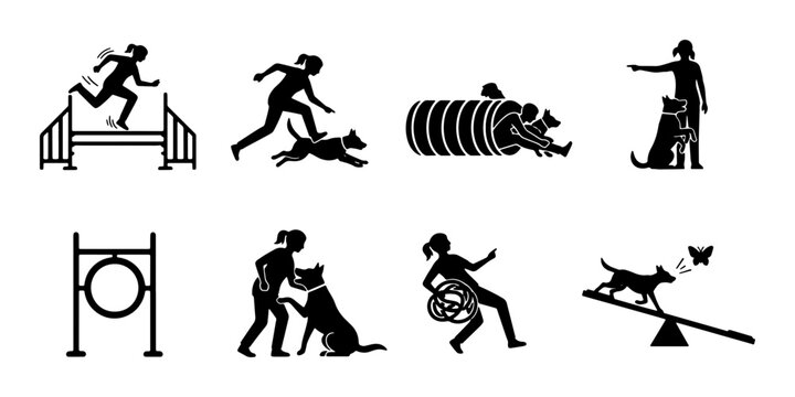 Dog Agility Training Icons, Canine Sports Silhouettes, Pet Obedience Vector Set, Dog Jumping and Tunneling Graphics
