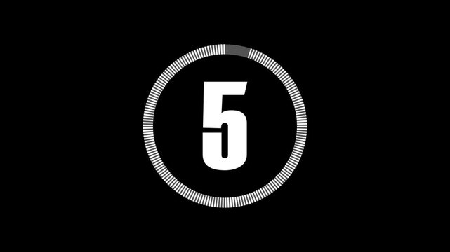 5-second countdown with circle animation, digital timer clock motion graphic, minimalist number ticker on black background, professional video intro, and transition element.