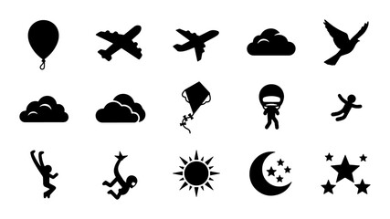 Vector Icons Set: Silhouette Collection of Airplanes, Clouds, Birds, Kite, Ninja, Moon, Stars, Sun, Balloon, and Jumping Figures for Aviation, Travel, and Fantasy Themes © Rifat