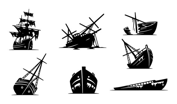 Collection of Sunken Ship Silhouettes, Nautical Disaster Vector Icons, Maritime Wreckage Graphics, Old Sailing Vessels in Distress