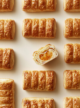 multiple puff pastries arranged in a clean modern grid on a light cream background, one pastry cracked open revealing airy flaky layers and fruit filling