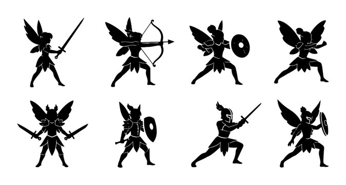 Warrior Fairy Silhouettes, Fantasy Combat Figures, Mythical Winged Warrior Poses, Magical Heroic Characters, Vector Set