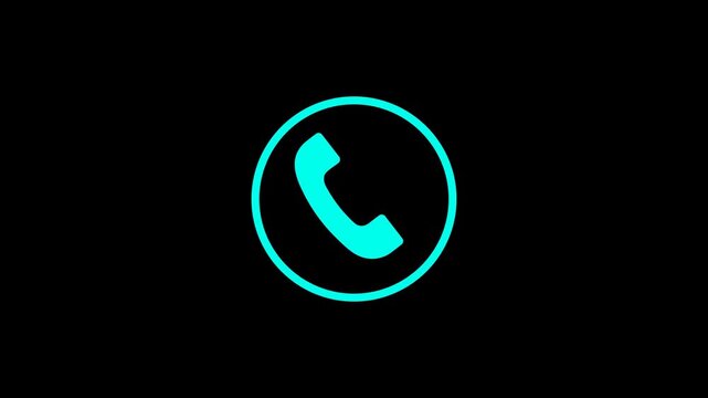 Cyan phone icon animation on black background, digital smartphone call button motion graphic, pulsing telecommunication ring indicator, glowing contact customer service symbol element.