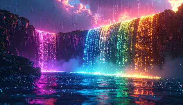 Cascading glowing neon waterfalls of digital energy flow majestically into a shimmering pool of code and algorithms, framed by dark rocky cliffs under a vibrant pink and purple twilight sky.