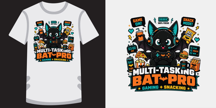 Multi tasking bat pro gaming and snacking tshirt design with cute bat holding food items.