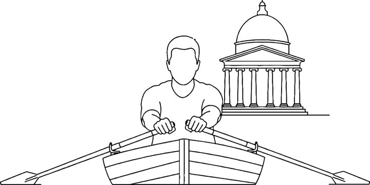 Illustration of a man rowing boat with oars outdoors.