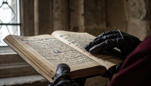 Gloved hands turning the page of an illuminated medieval vellum codex with intricate calligraphy and ancient script.