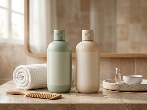 Two neutral shampoo and conditioner bottles on a marble bathroom counter with towel and comb for product packaging mockup and branding display