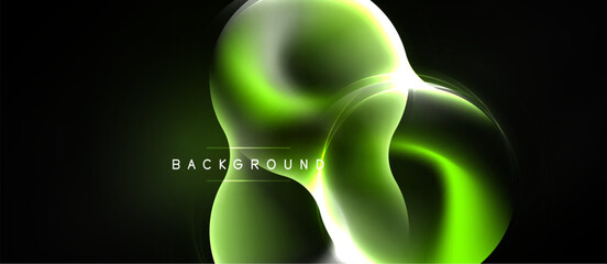 Naklejka premium Abstract glowing shapes overlap dark background. Vivid green hues create dynamic visual effect. Modern design element.