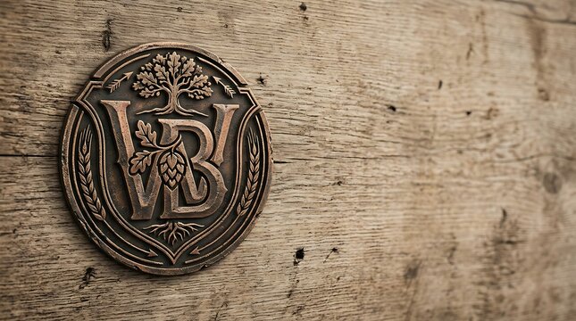 Bronze brewery emblem with oak and hops on rustic wood background