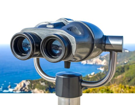 A pair of black binoculars on a silver and black stand overlooking a scenic coastal landscape